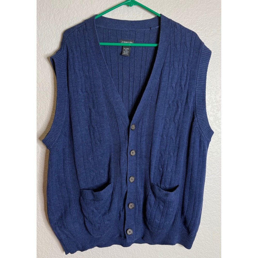 St Johns Bay XX‎ Large Tall Cardigan Vest Blue Cable Knit Button Front Pocket